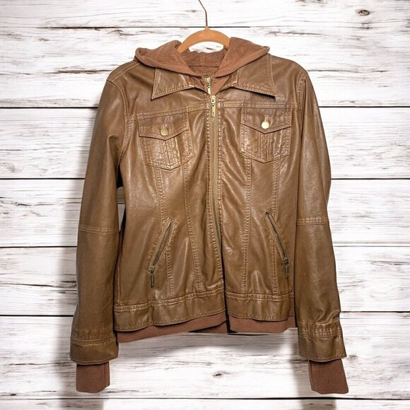 Coalition LA Camel Bomber Jacket Hoodie Double Zip Vegan Leather Sz Large NWT - Picture 12 of 12